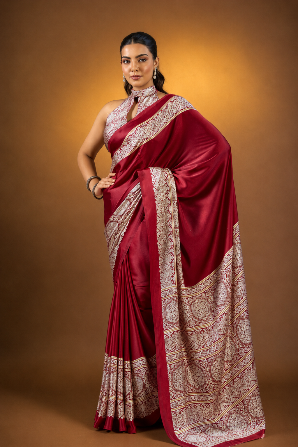 Maroon Pure Satin Modal Silk Saree with Ajrakh Print