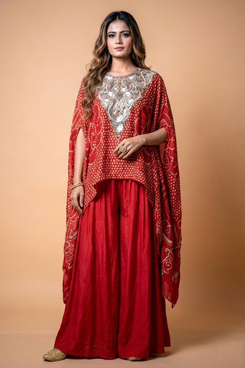 Red Silk Palazzo Set Bandhani With Sequin Kaftan
