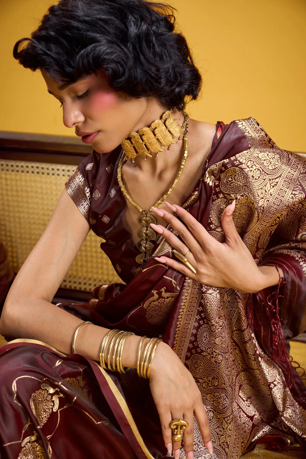 Maroon Pure Satin Handloom Saree with Gold Zari Weaving