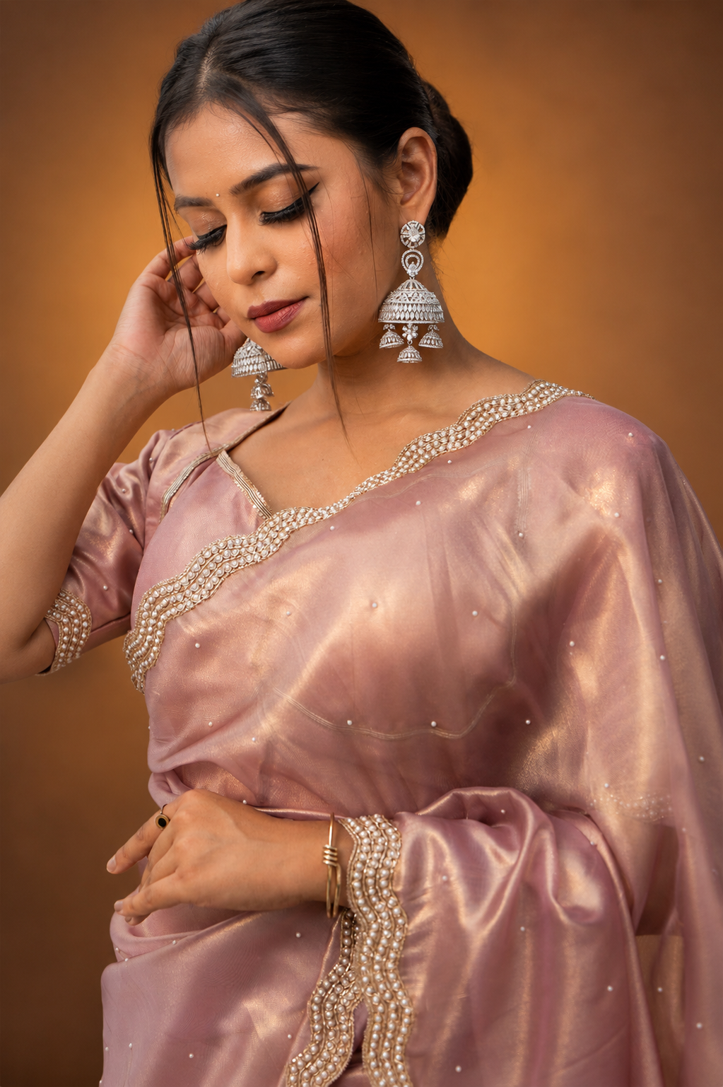 Rose Gold Shimmer Organza Saree with Pearl and Sequin Work