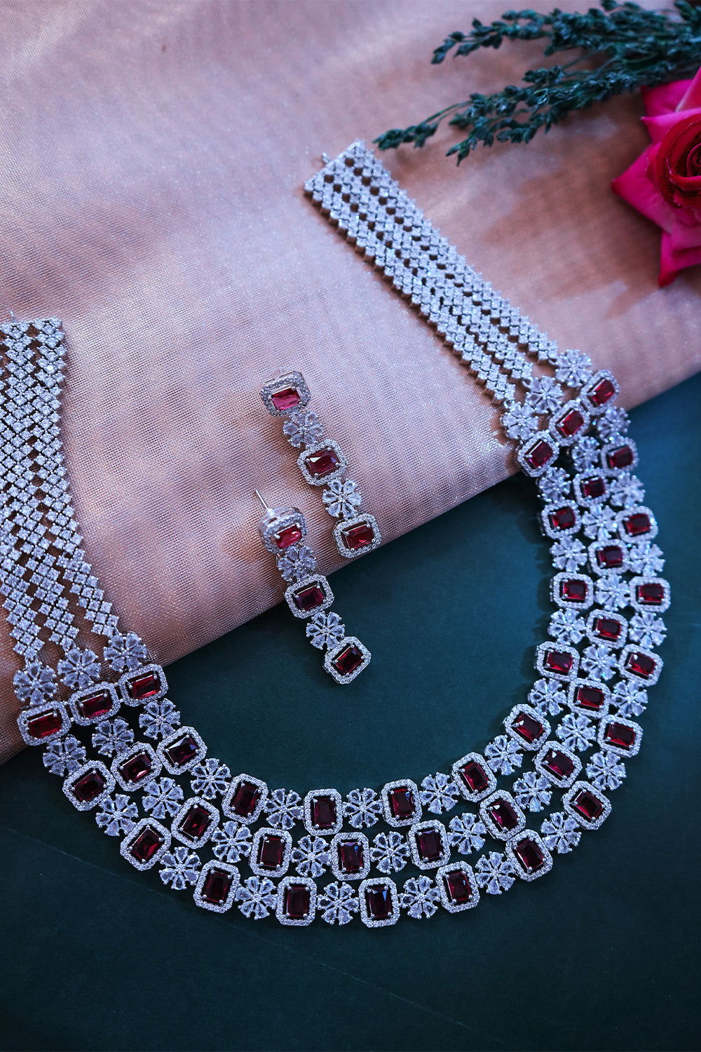 Ruby American Diamond 3-Layer Grand Necklace with Earrings Jewellery Set - Mayrake.in