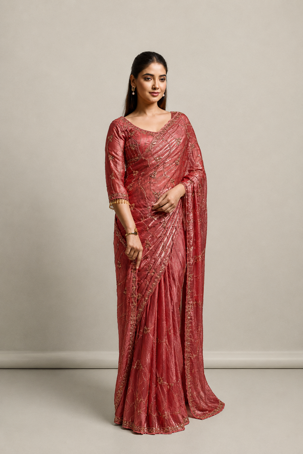 Rusty Orange Organza Saree with Hand Embroidery with Stitched Blouse
