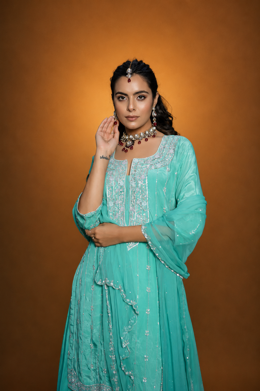 Sea-Green Crepe Silk Hand-Embroidered Suit with Plazo Pant