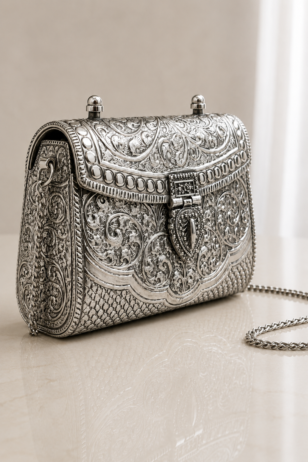 Silver Clutch with Vintage Floral Scrollwork