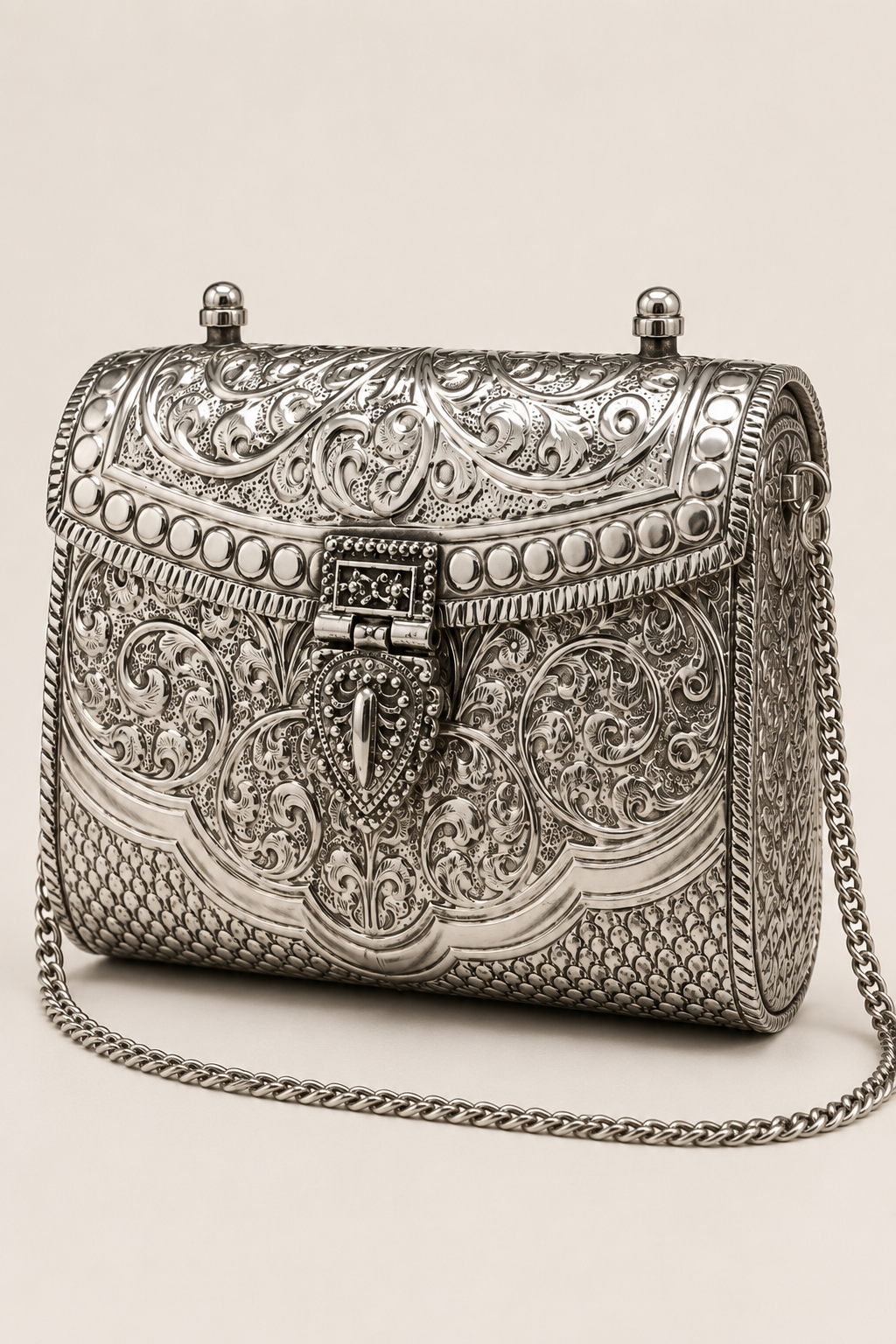 Silver Clutch with Vintage Floral Scrollwork