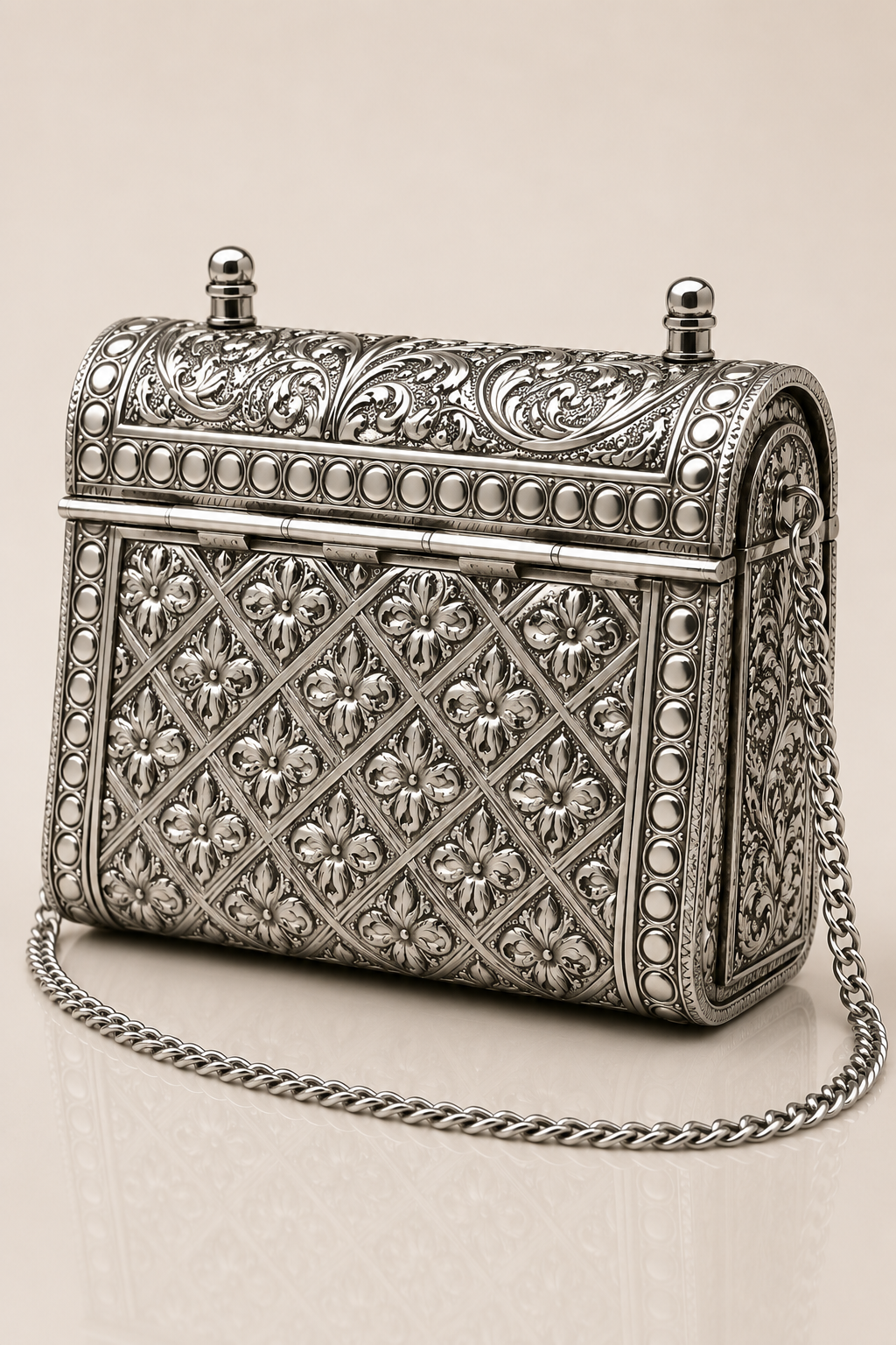 Silver Clutch with Vintage Floral Scrollwork
