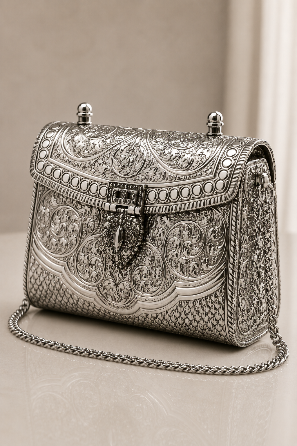Silver Clutch with Vintage Floral Scrollwork