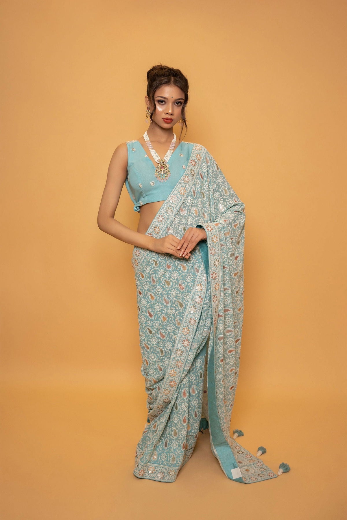 Sky Blue Lucknowi Saree with Multicolored Sequin Work