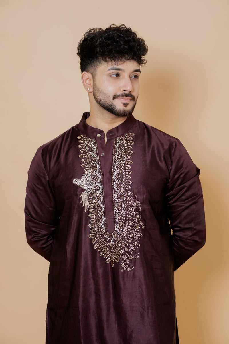 Maroon Japanese Silk Kurta Set with Hand Thread Embroidery