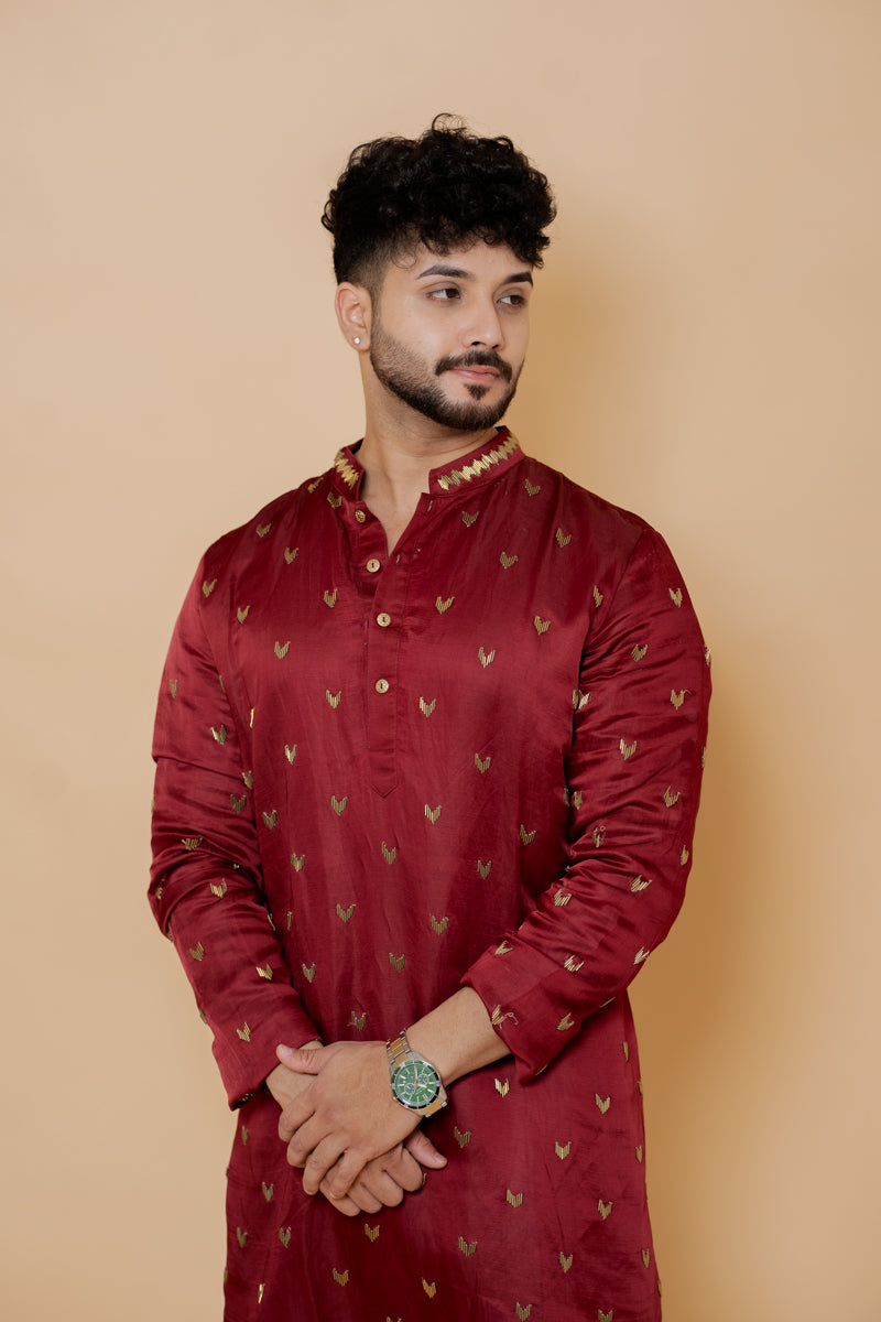 Maroon Japanese Silk Kurta Set with Metallic Motif Work