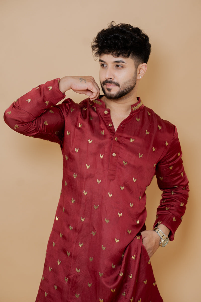 Maroon Japanese Silk Kurta Set with Metallic Motif Work