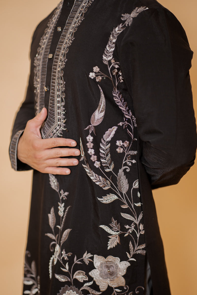 Black Japanese Silk Kurta Set with Silver Floral Embroidery