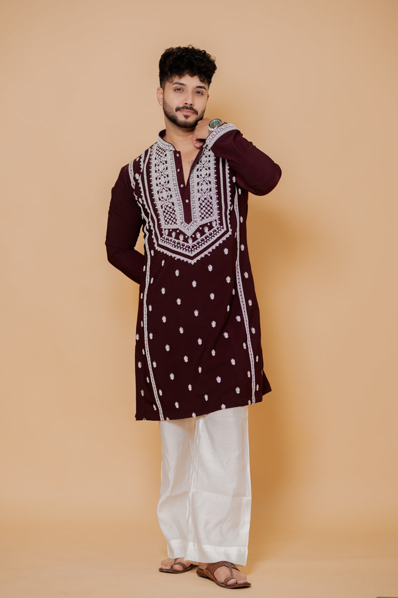 Wine Japanese Silk Kurta Set with Silver Hand Embroidery