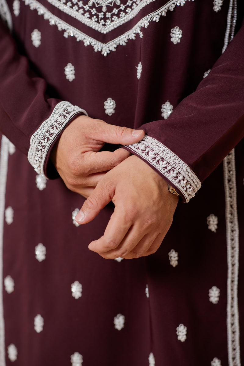 Wine Japanese Silk Kurta Set with Silver Hand Embroidery