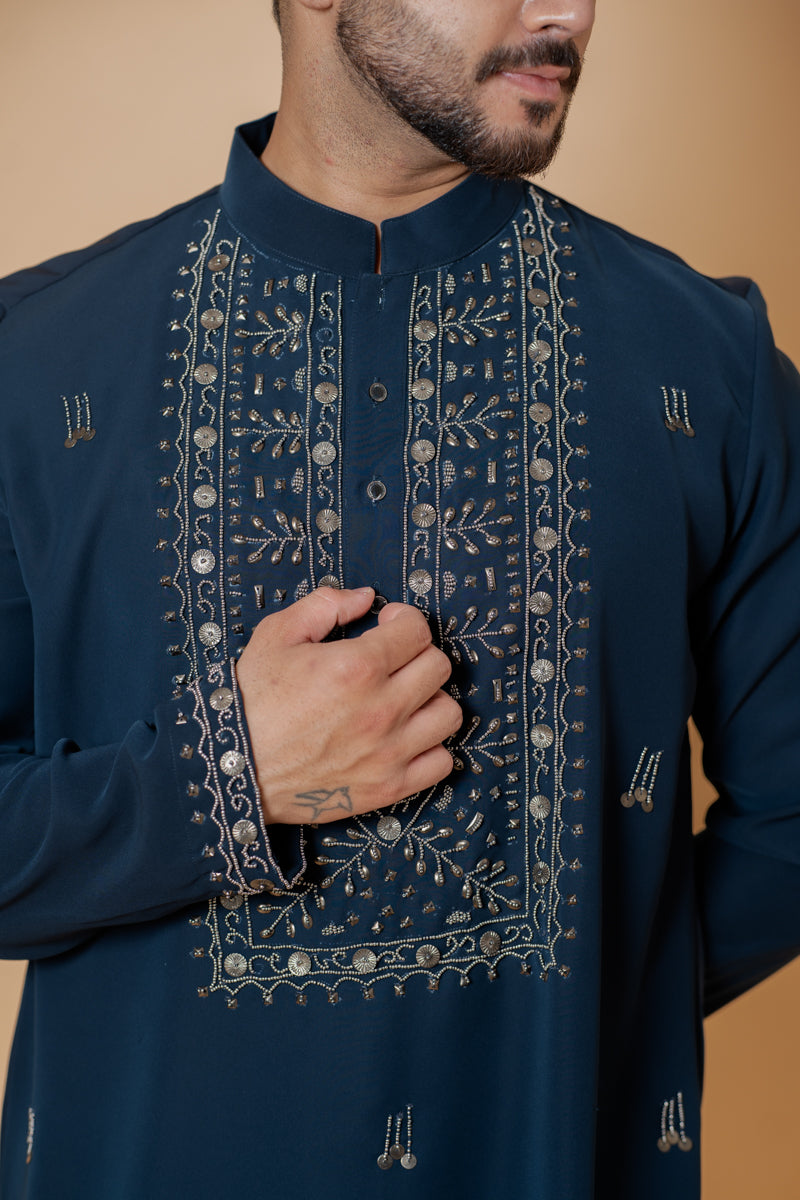 Navy Blue Japanese Silk Kurta Set with Hand Embroidery