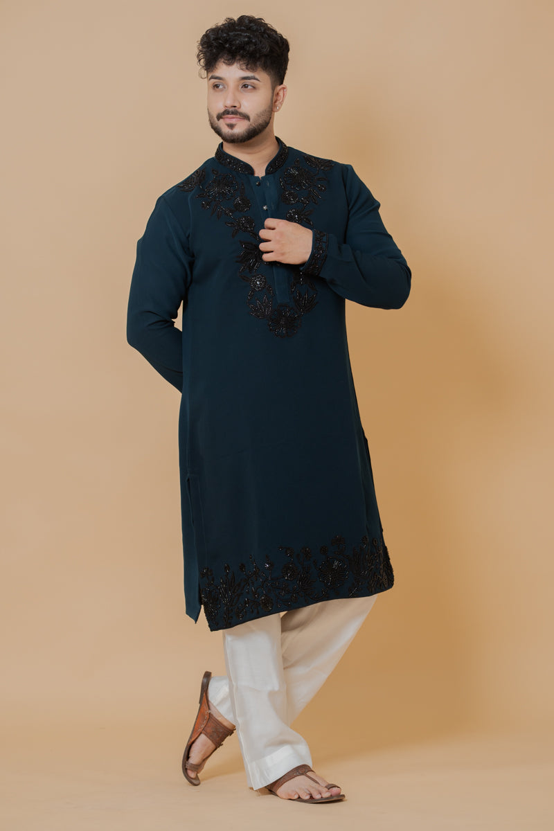 Navy Blue Japanese Silk Kurta Set with Black Floral Embroidery