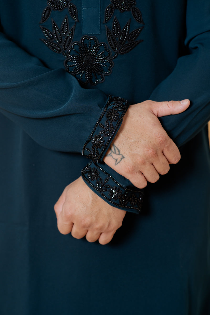 Navy Blue Japanese Silk Kurta Set with Black Floral Embroidery