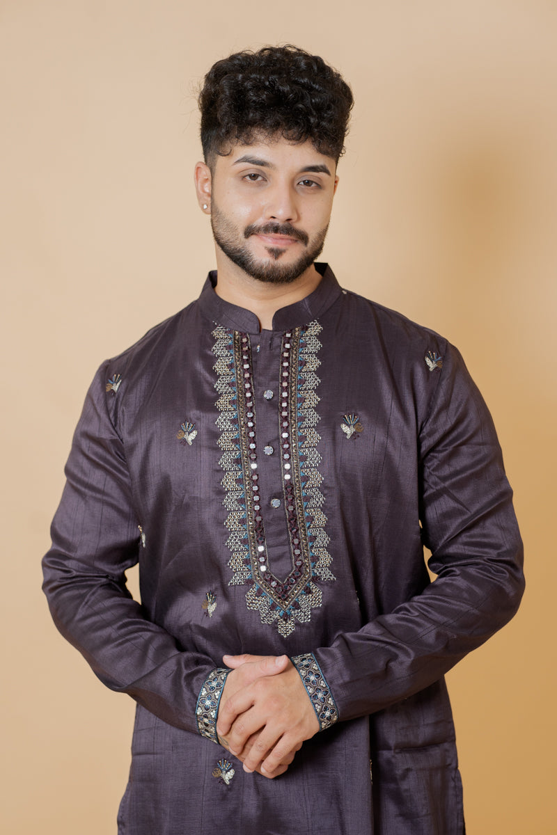 Dark Wine Linen Silk Kurta Set with Hand Embroidery