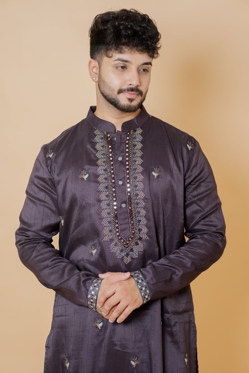Dark Wine Linen Silk Kurta Set with Hand Embroidery