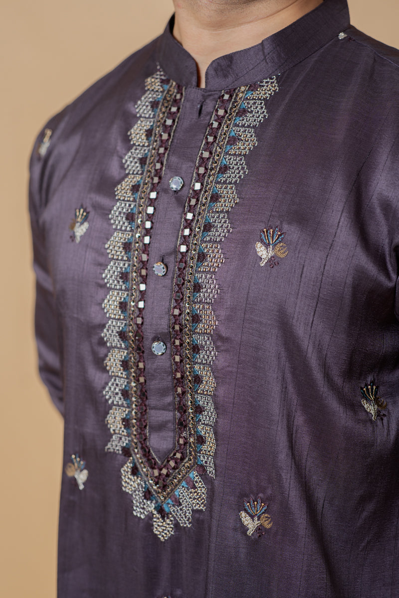Dark Wine Linen Silk Kurta Set with Hand Embroidery