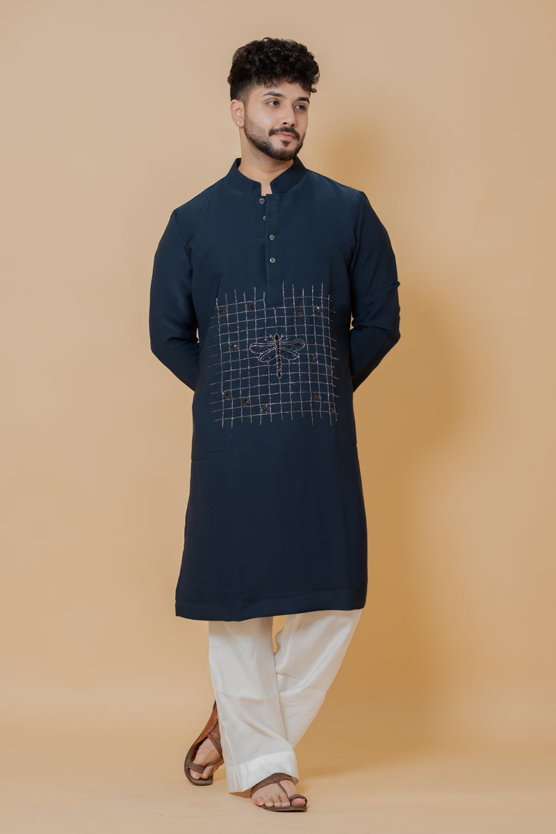 Navy Blue Japanese Silk Kurta Set Dragonfly Embroidery