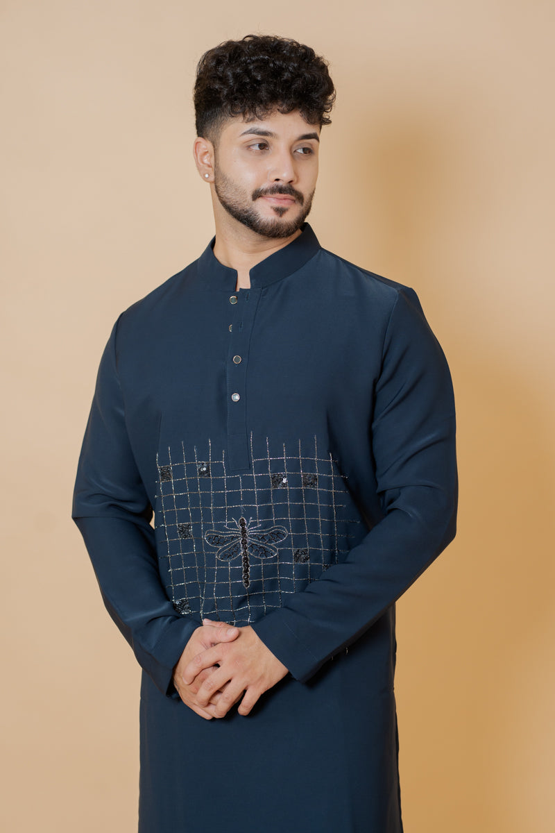 Navy Blue Japanese Silk Kurta Set Dragonfly Embroidery