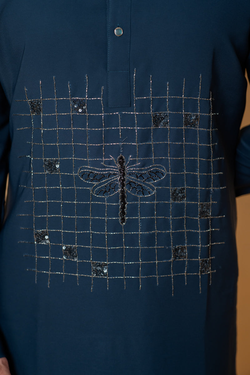 Navy Blue Japanese Silk Kurta Set Dragonfly Embroidery