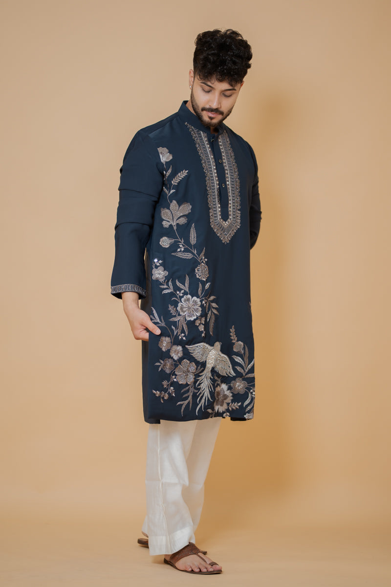 Navy Blue Japanese Silk Kurta Set with Floral and Bird Motif