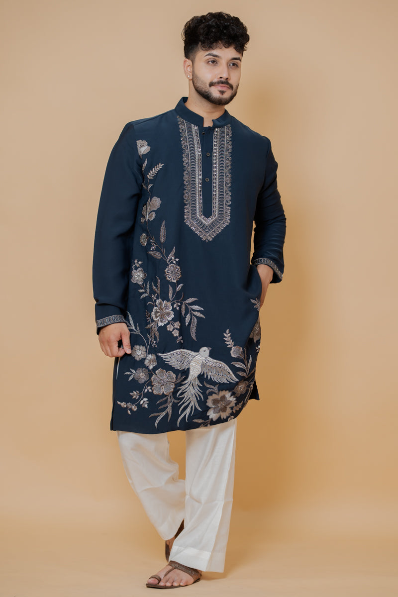Navy Blue Japanese Silk Kurta Set with Floral and Bird Motif