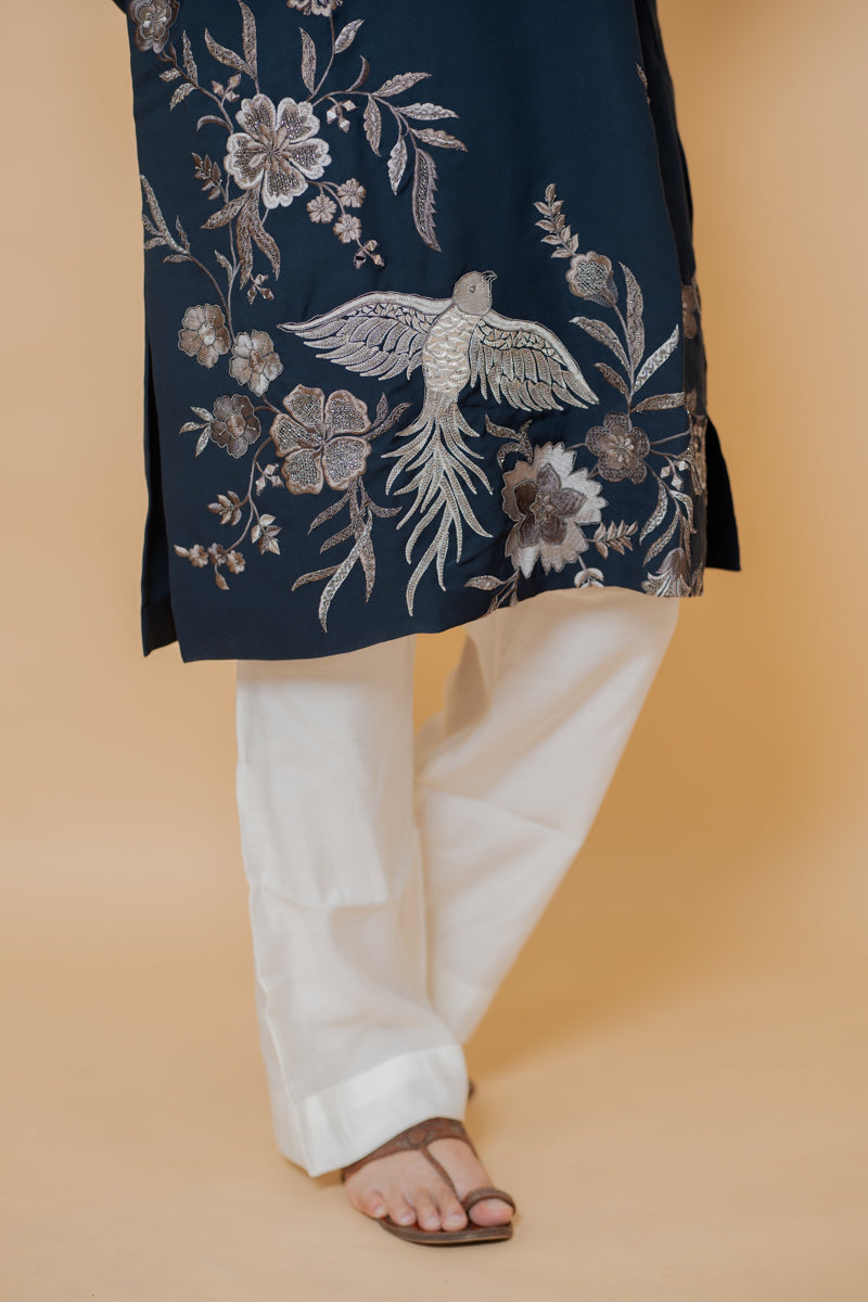 Navy Blue Japanese Silk Kurta Set with Floral and Bird Motif