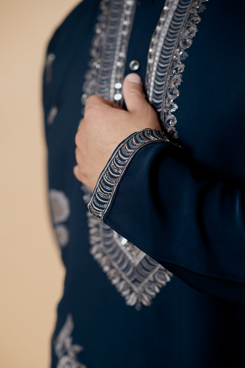 Navy Blue Japanese Silk Kurta Set with Floral and Bird Motif