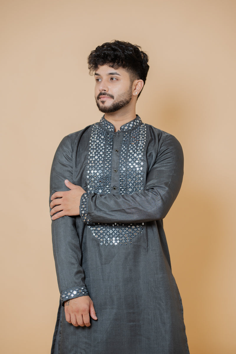 Charcoal Grey Linen Silk Kurta Set Mirror Work Embroidery