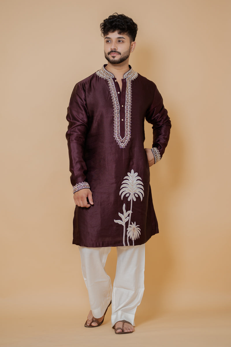 Wine Japanese Silk Kurta Set with Gold Zari Floral Hand Embroidery
