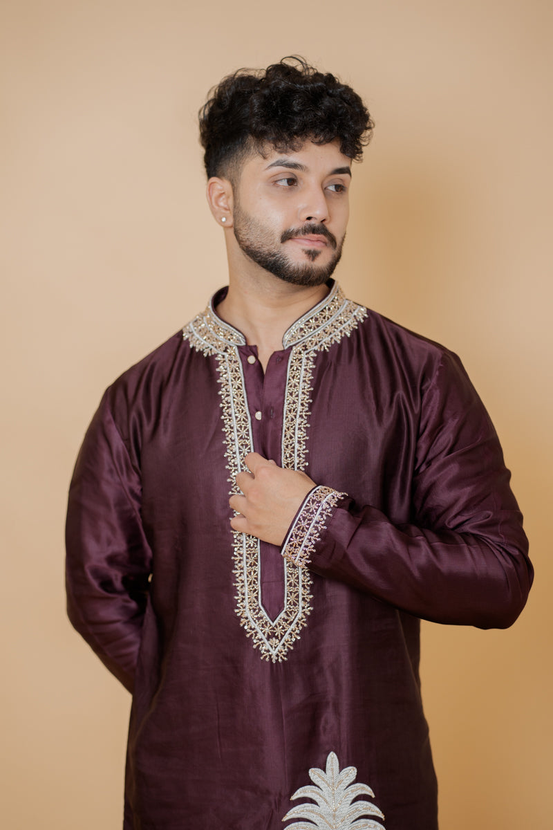 Wine Japanese Silk Kurta Set with Gold Zari Floral Hand Embroidery