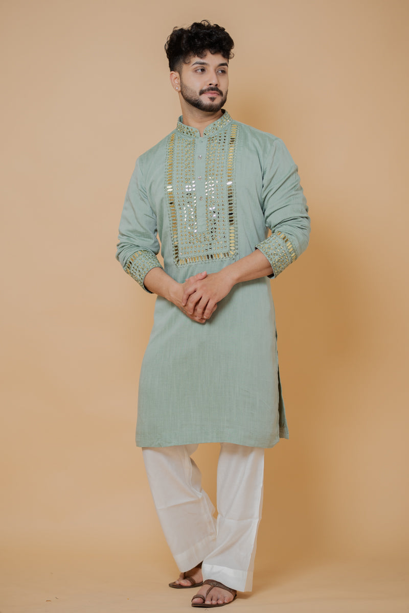 Sage Green Linen Silk Kurta Set with Mirror Work Embroidery