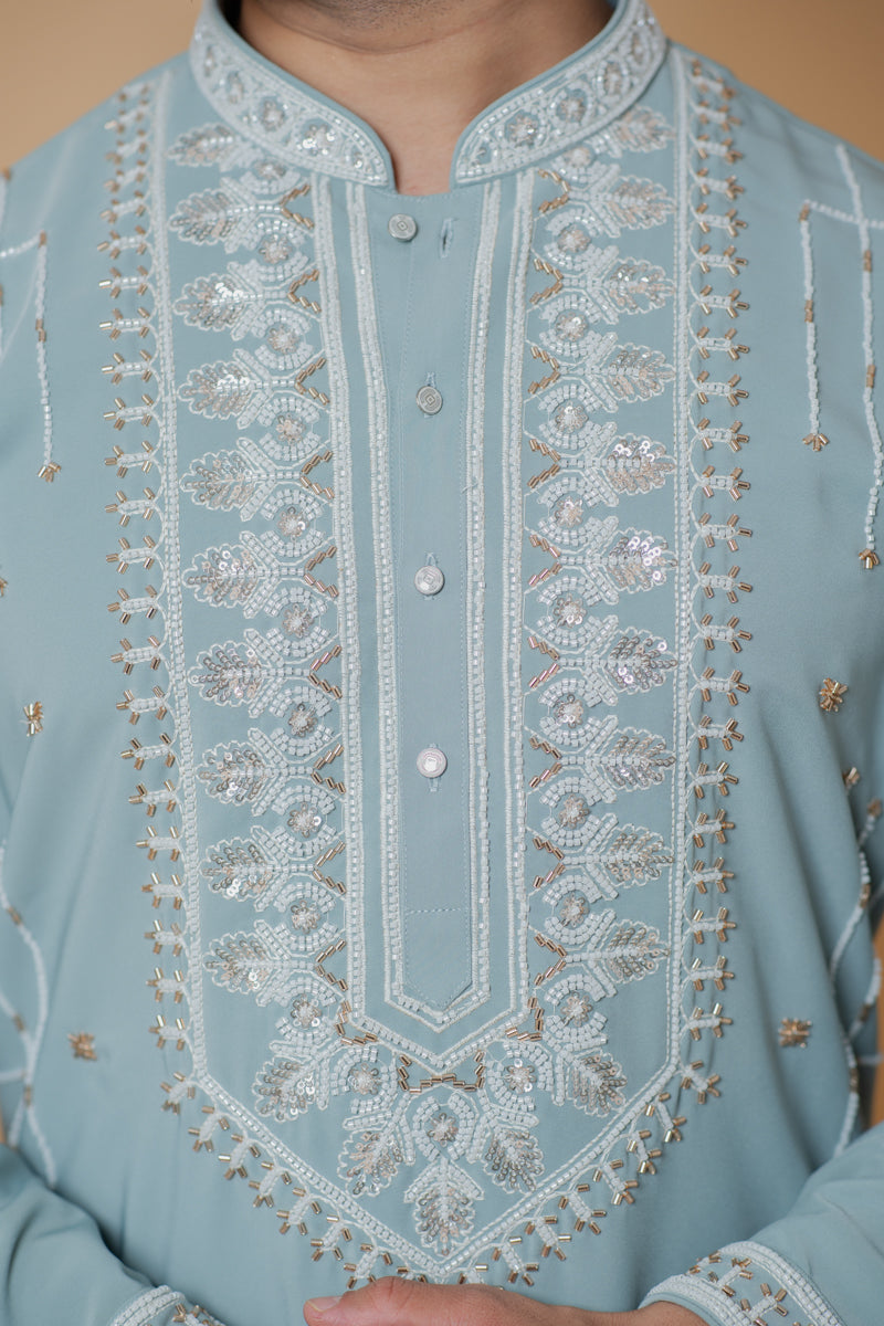 Pastel Green Japanese Silk Kurta Set with Pearl Embroidery