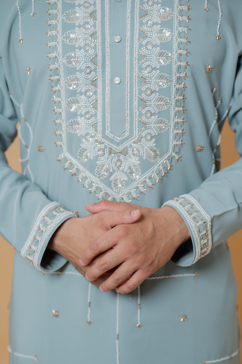 Pastel Green Japanese Silk Kurta Set with Pearl Embroidery