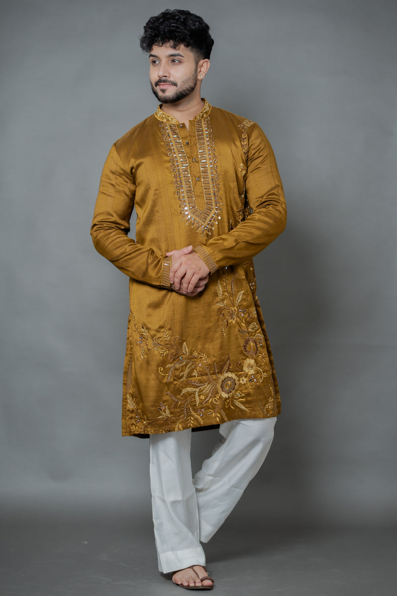 Olive Gold Japanese Silk Kurta Set with Floral Embroidery
