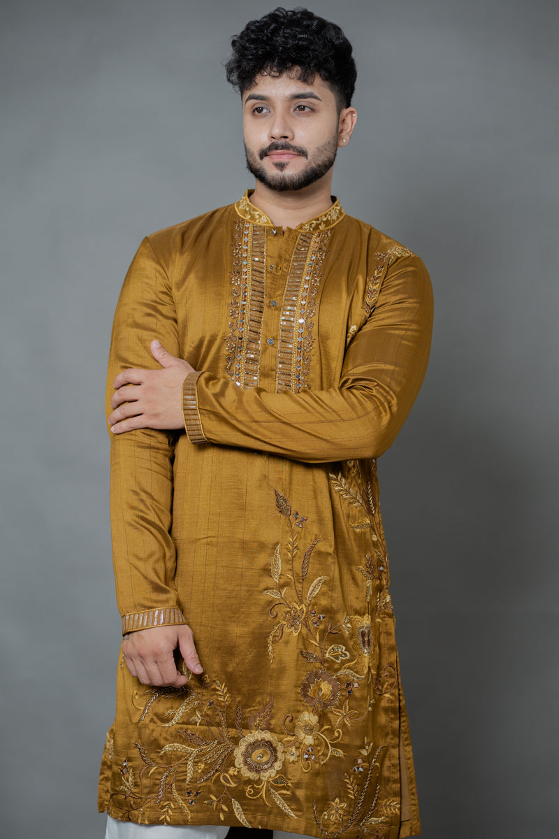 Olive Gold Japanese Silk Kurta Set with Floral Embroidery