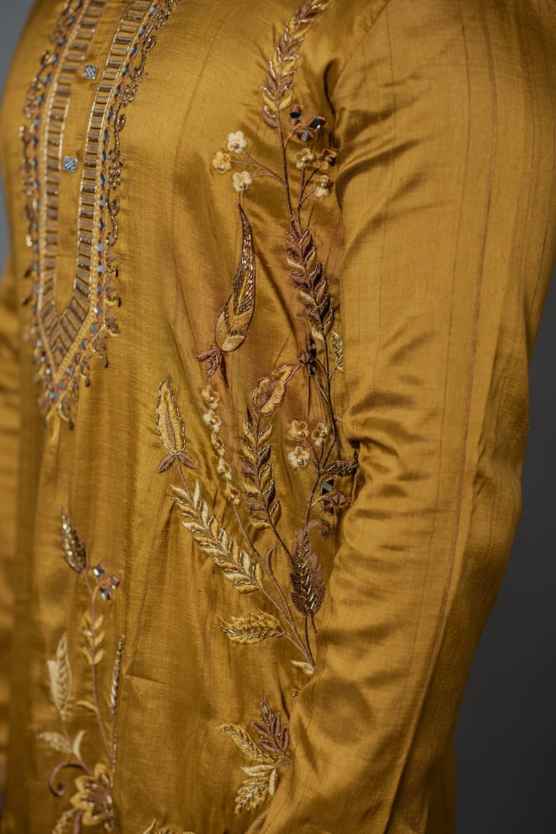 Olive Gold Japanese Silk Kurta Set with Floral Embroidery