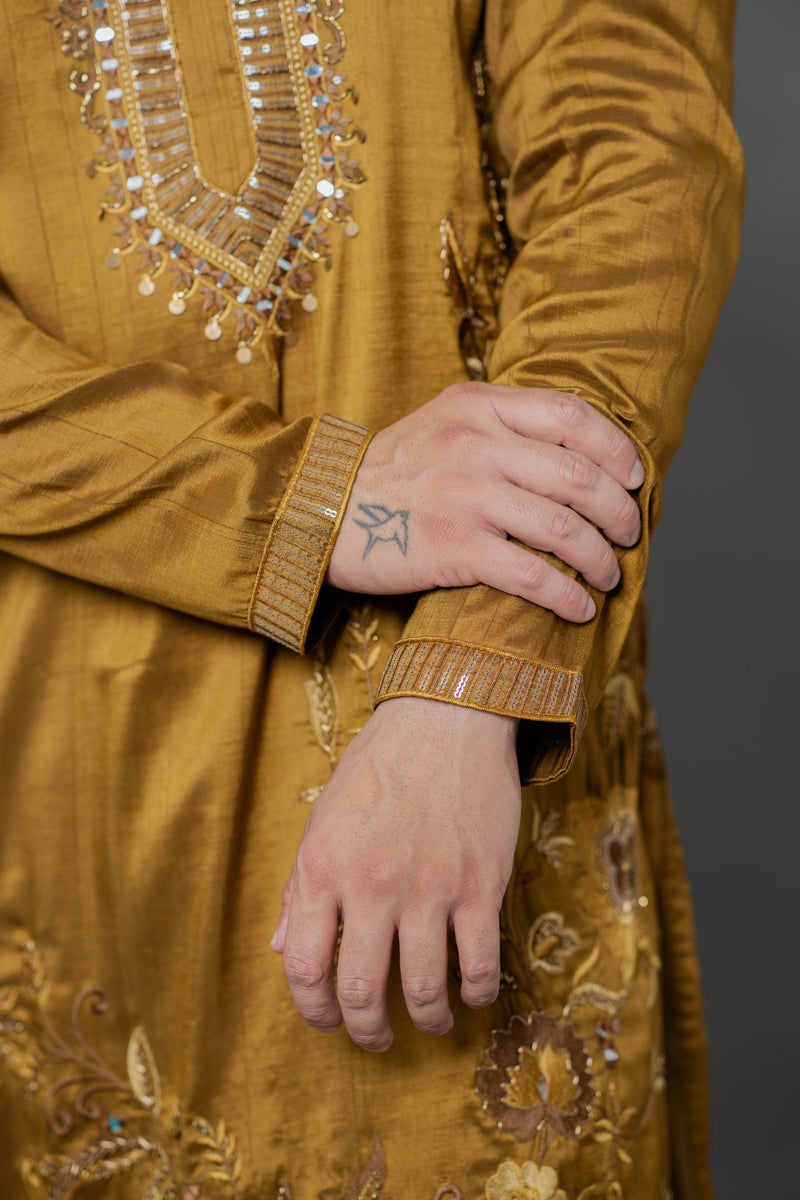 Olive Gold Japanese Silk Kurta Set with Floral Embroidery