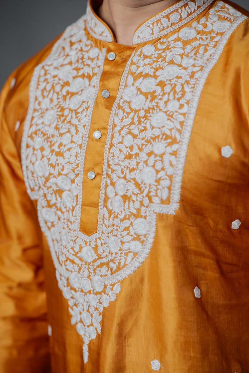 Orange Japanese Silk Kurta with White Chikankari Embroidery