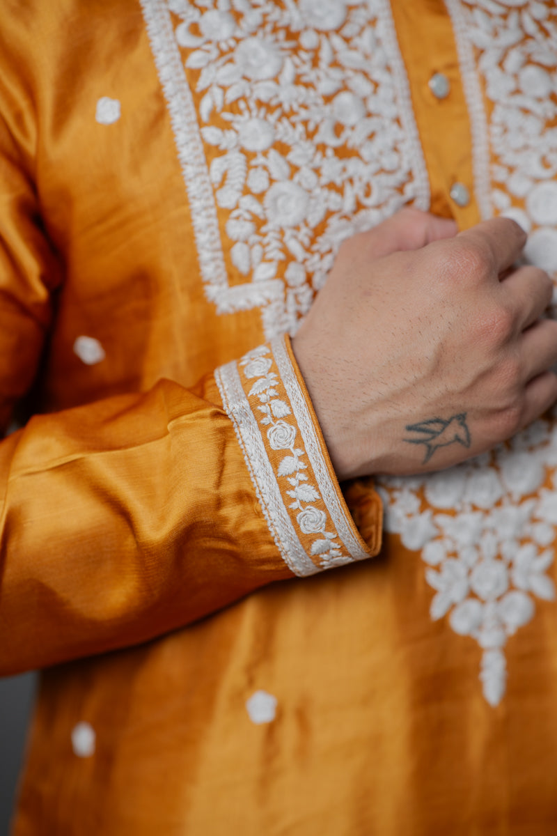 Orange Japanese Silk Kurta with White Chikankari Embroidery