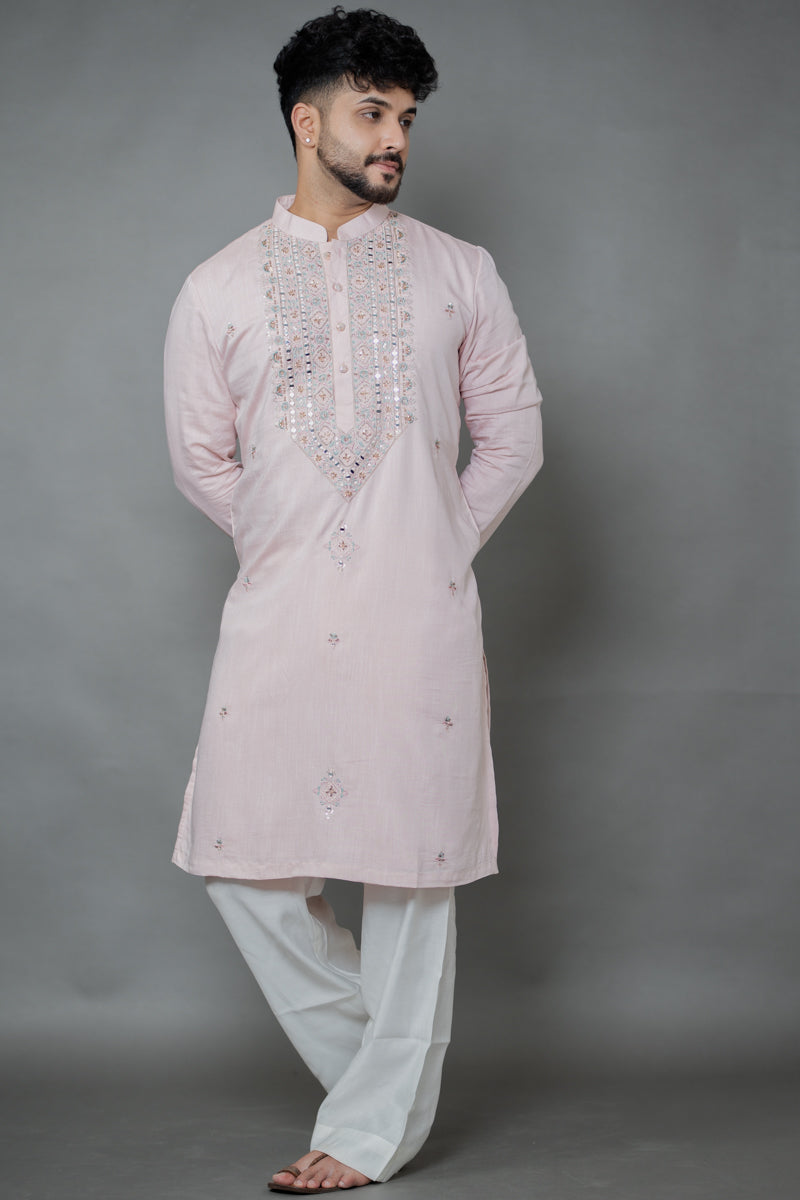 Cream Japanese Silk Kurta Set Mirror & Thread Work Embroidery