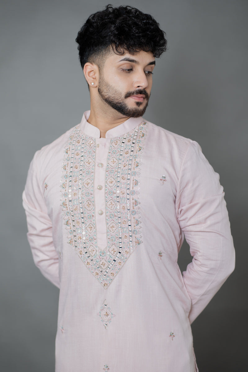 Cream Japanese Silk Kurta Set Mirror & Thread Work Embroidery