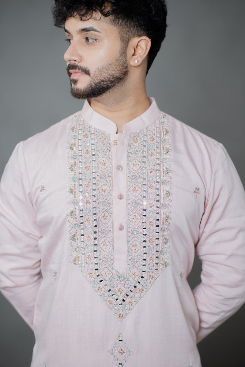 Cream Japanese Silk Kurta Set Mirror & Thread Work Embroidery