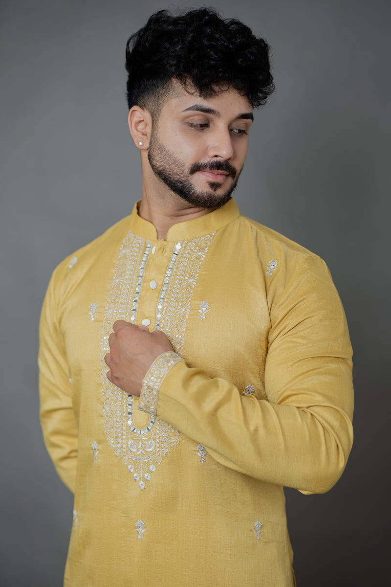 Mustard Gold Linen Silk Kurta Set with Thread Embroidery