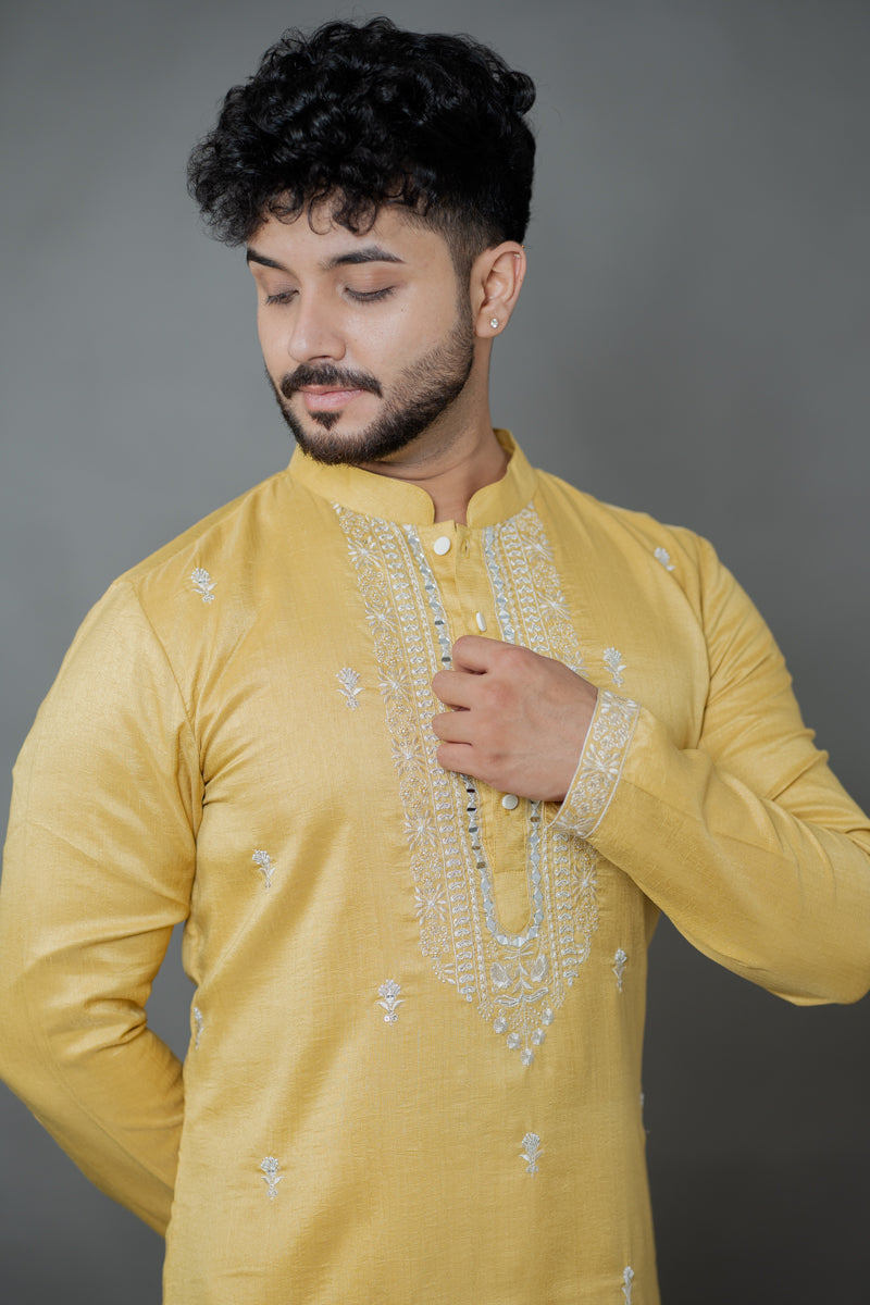 Mustard Gold Linen Silk Kurta Set with Thread Embroidery