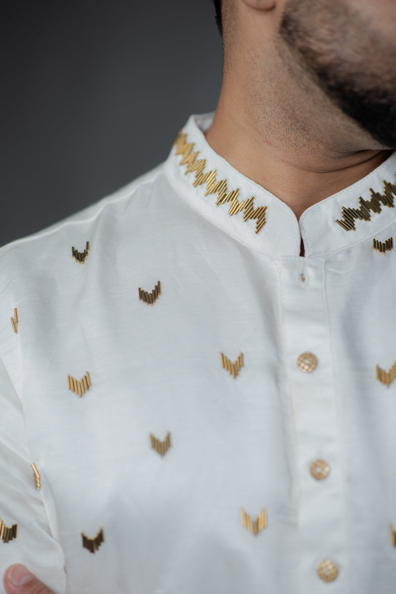Ivory Japanese Silk Kurta Set with Metallic Motif Work