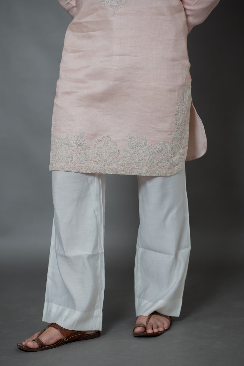 Blush Pink Linen Silk Kurta Set with Floral Zari Embroidery